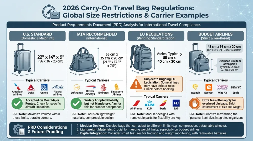 2) Size benchmarks that actually matter (U.S., IATA, EU, budget airlines) - Best Carry-On Travel Bags (2026): A B2B Buying & OEM/ODM Guide for Private Label Brands-FY Custom Bag Manufacturer 2) Size benchmarks that actually matter (U.S., IATA, EU, budget airlines) - Best Carry-On Travel Bags (2026): A B2B Buying & OEM/ODM Guide for Private Label Brands-FY Custom Bag Manufacturer