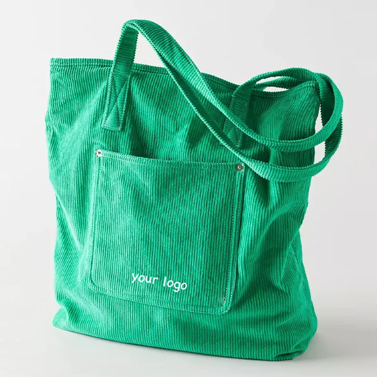 Normcore Minimalist Style Green pink Color Custom Branding logo Canvas Corduroy Tote Bag for Women - Medium Bags-FY Custom Bag Manufacturer