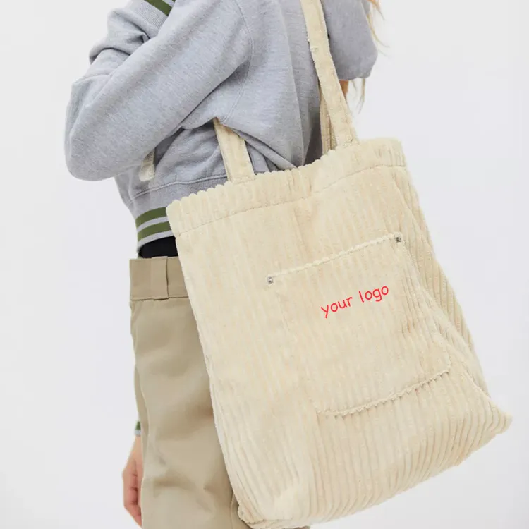 Library museum Souvenir Gift Customize Private Label logo Light Baby Blue Green Color Corduroy Book Tote Bags for College - Medium Bags-FY Custom Bag Manufacturer