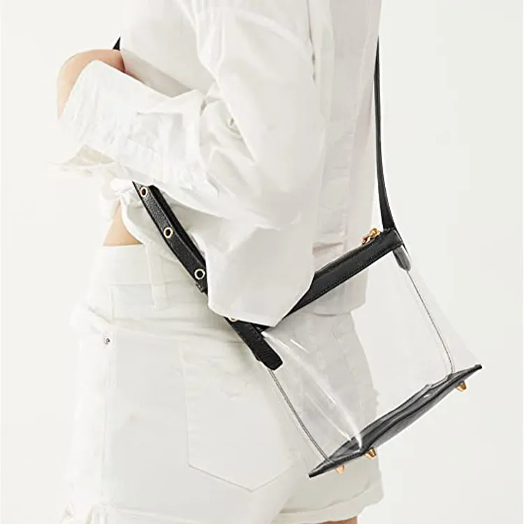Women Men Unisex PU Leather Trimmed logo Custom clear Pvc Crossbody Bag Stadium Approved - Medium Bags-FY Custom Bag Manufacturer