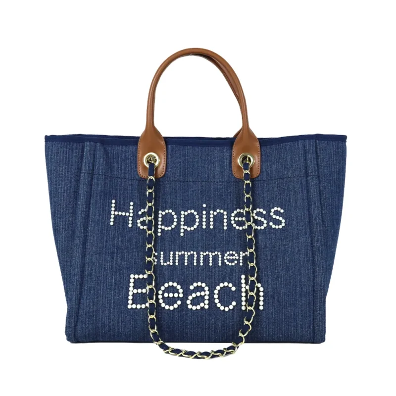 China Factory Wholesale Large Customized Pearls logo Women Handbag Denim Canvas Tote Shopping Bag With Leather Handle - Designer Inspired Bag-FY Custom Bag Manufacturer