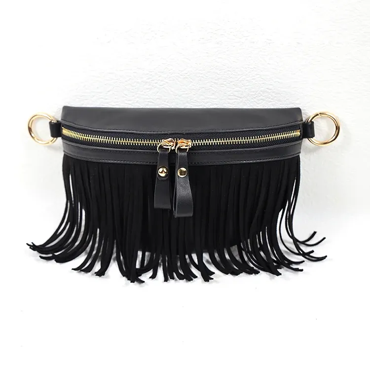 Western cowboy style custom LOGO microfiber olive green crossbody fringe fanny pack vegan leather for women - Medium Bags-FY Custom Bag Manufacturer